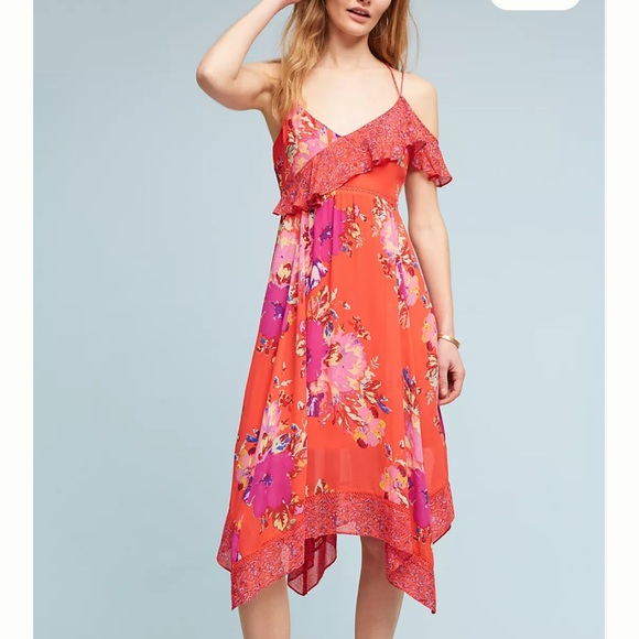 Anthropologie Maeve Ruffle Orange Handkerchief Asymmetrical Dress Sz‎ 2 - Picture 1 of 10